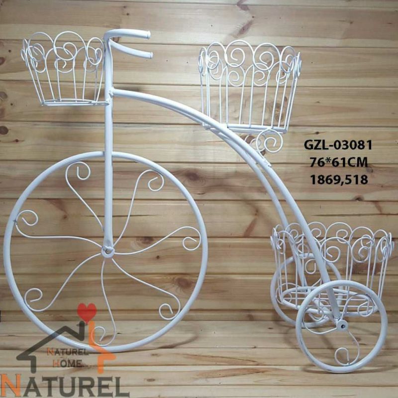 FERFORJE METAL DEKORATİF BİSİKLET 3 LÜ ÜÇLÜ SAKSILIK ÇİÇEKLİK BEYAZ  76 x 61 CM